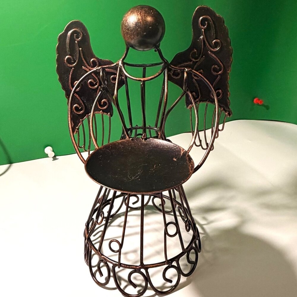 Epic Bronze Metal Angel Pillar Candle Holder Rustic Wire Christmas Décor 8" READ